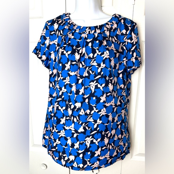 BODEN Carey Top Bold Blue Blouse Floral Clematis Shirt Black Pleated Neckline - Picture 2 of 16